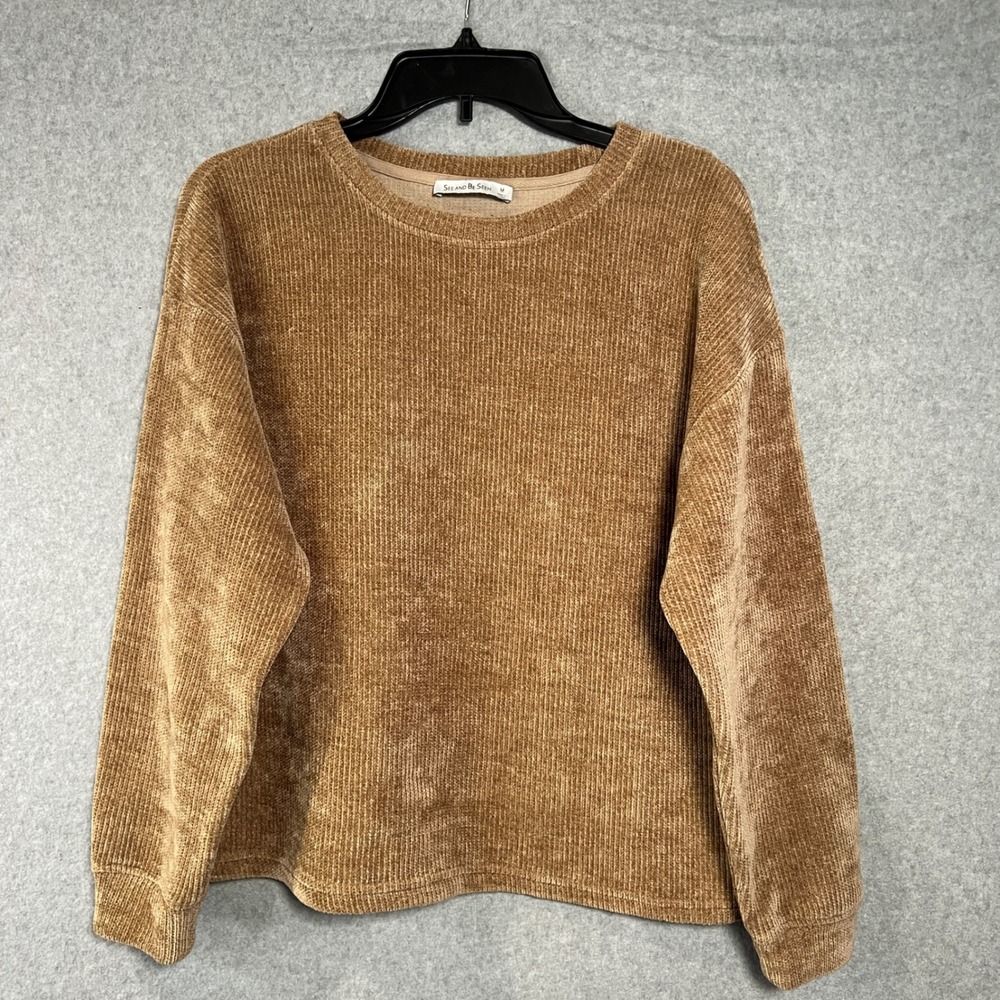 See and Be Seen Chenille Ribbed Sweater Tan Brown Pullover Soft Cozy Women's M‎
